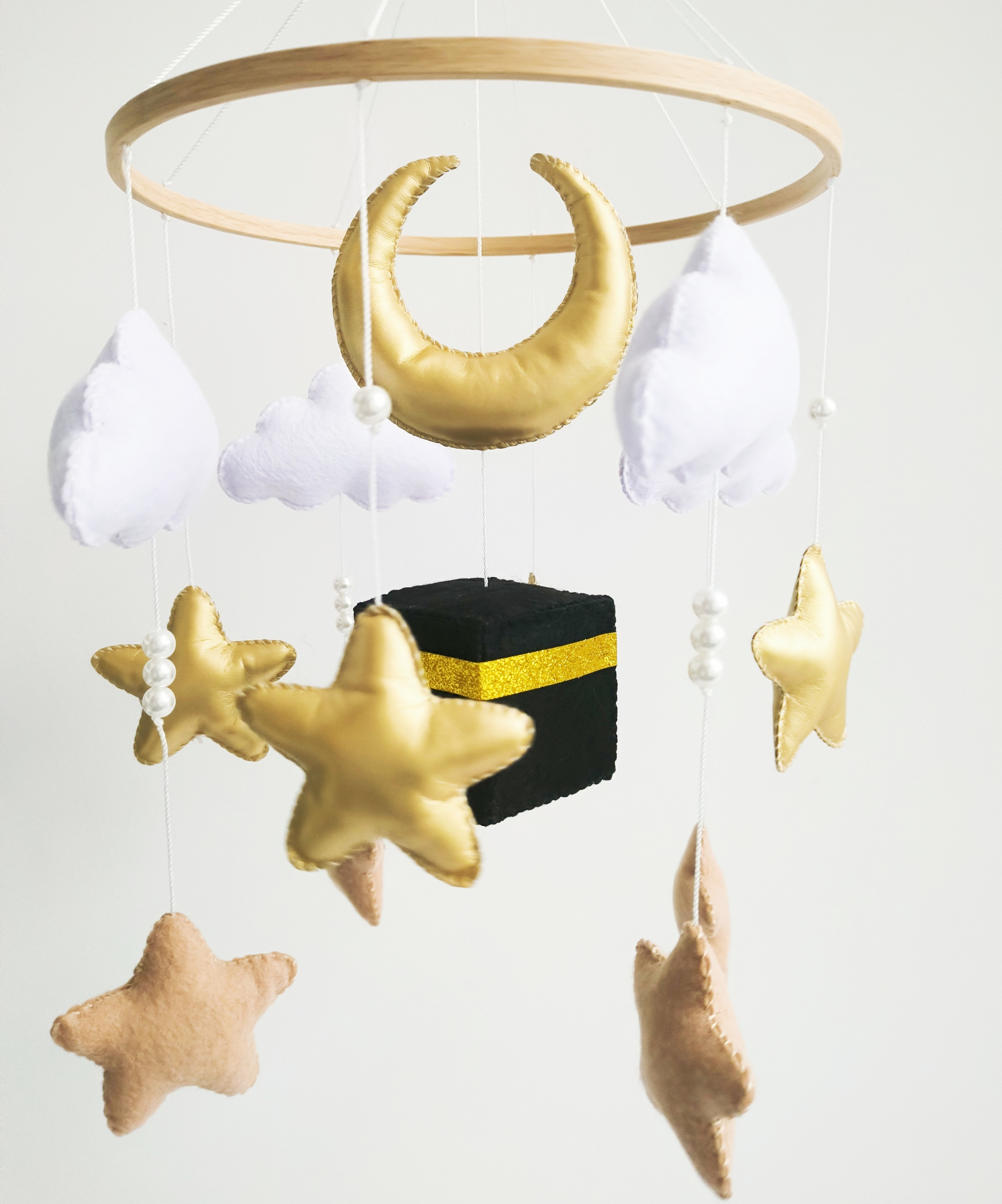 Muslim quran nursery baby Cot Mobile moon cloud shinny star golden black holy building Kabba kids hanging toy with wood hoop