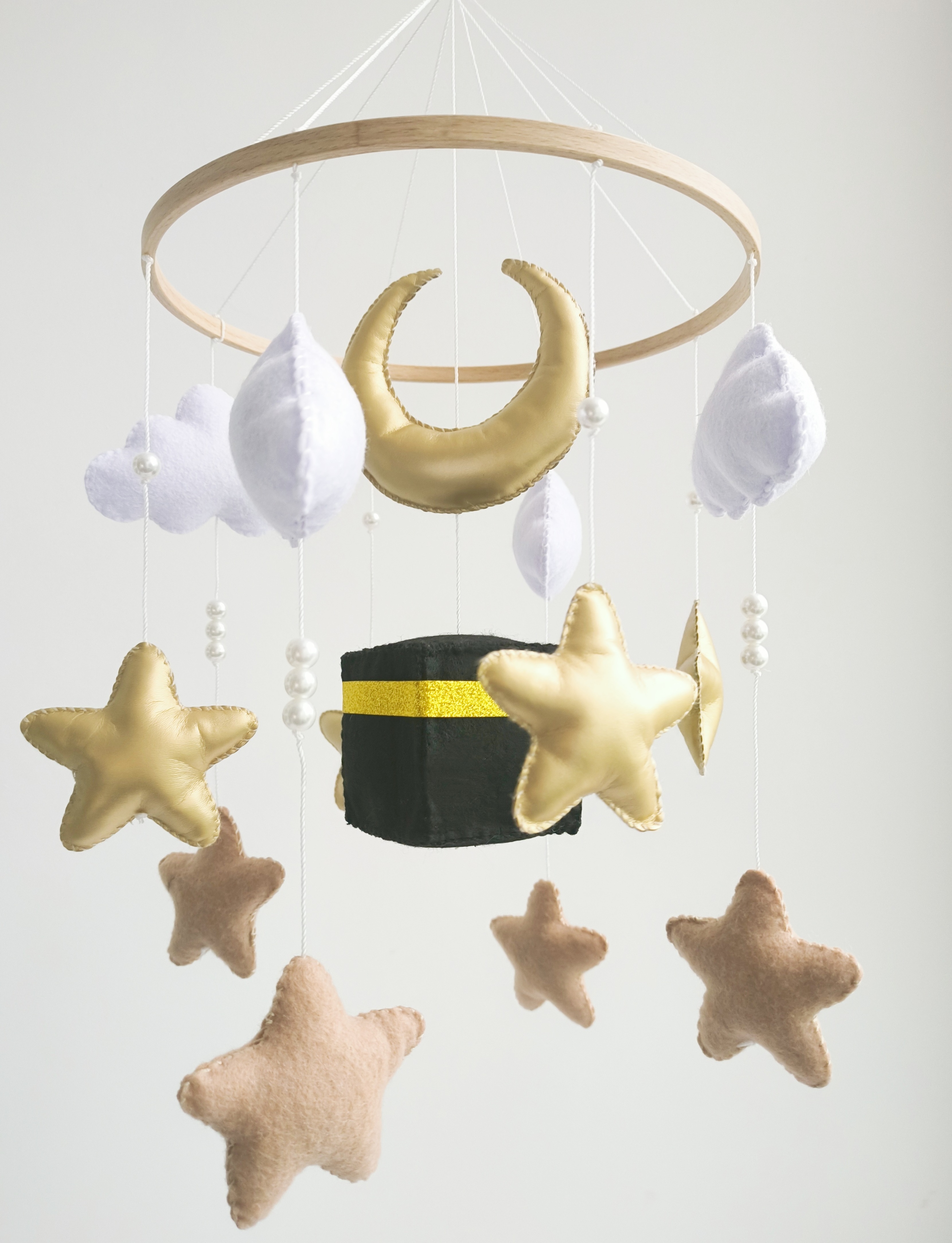 Muslim quran nursery baby Cot Mobile moon cloud shinny star golden black holy building Kabba kids hanging toy with wood hoop