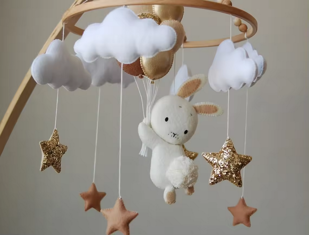 New arrival nordic babyshower baby nursery decor felt bunny rabbit balloon toddler musical hanging educational cot mobile toy