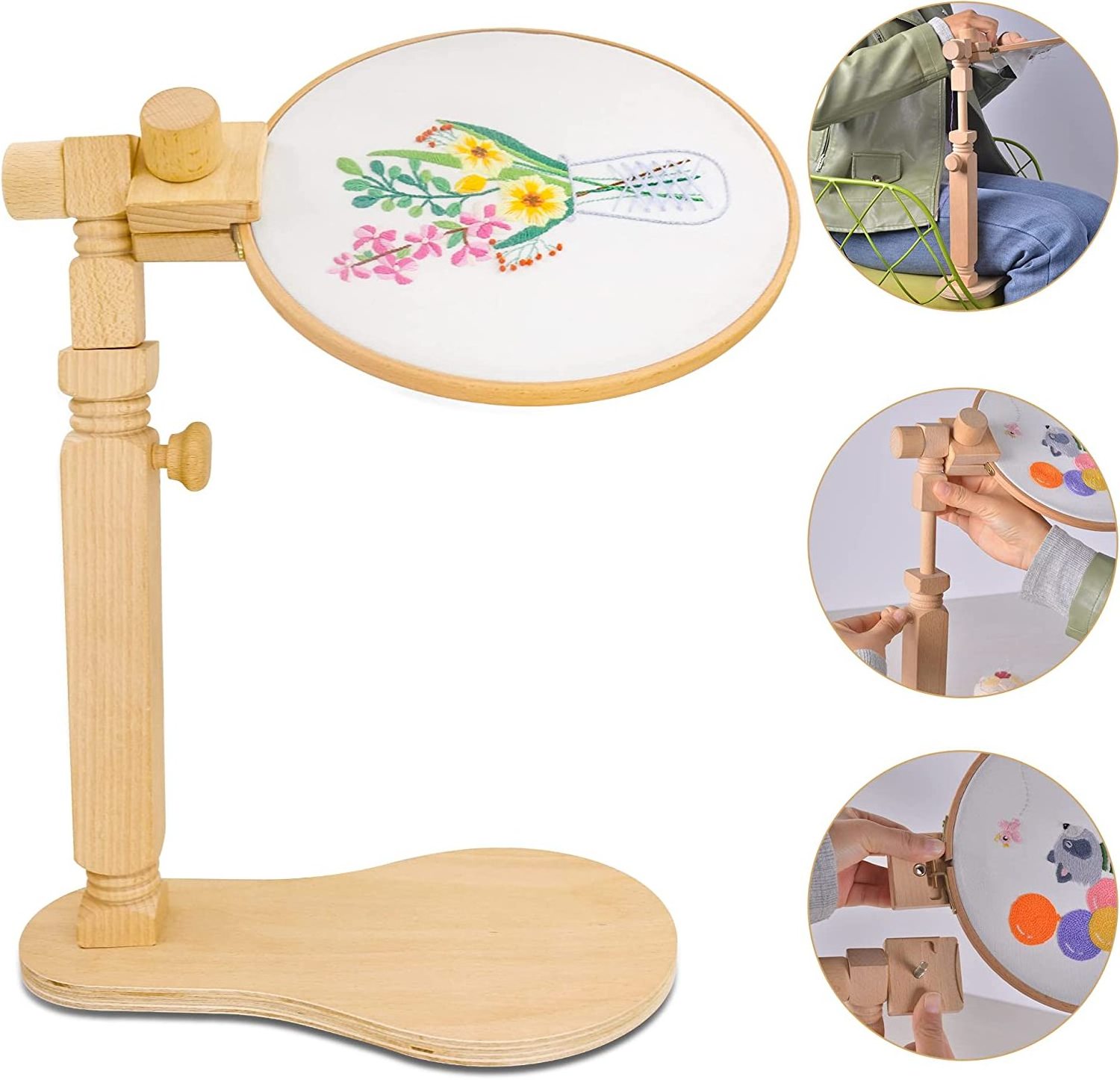 Hands Free Sewing Craft Beech Wood Needlework Cross Stitch Stand Holder Adjustable Rotated Embroidery Hoop Table Stand