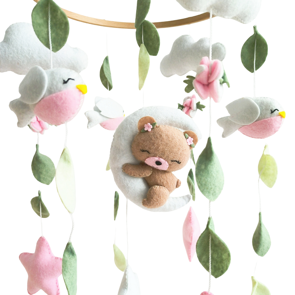 Customized stuffed cute sleepy bear bird hanging soft toy felt baby nursery wooden crib cot mobile for girls kids birthday gift