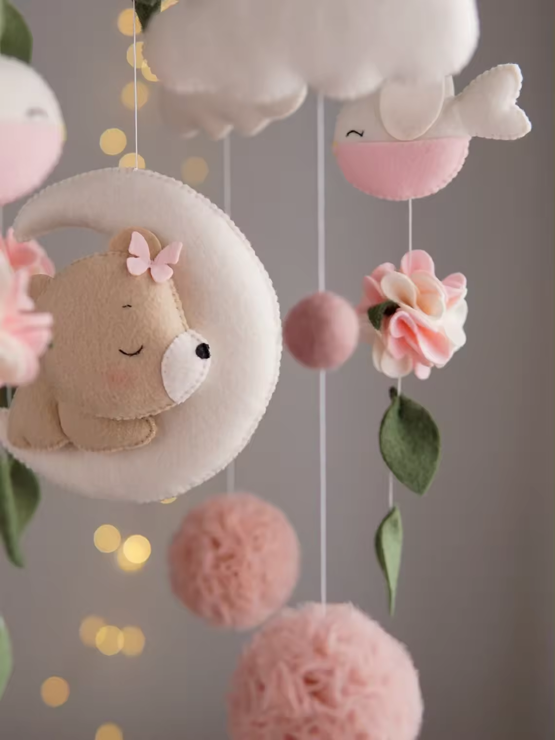 New Trend low MOQ multifunctional pink musical bear animals montessori toy felt baby mobile for newborn girl nursery decor