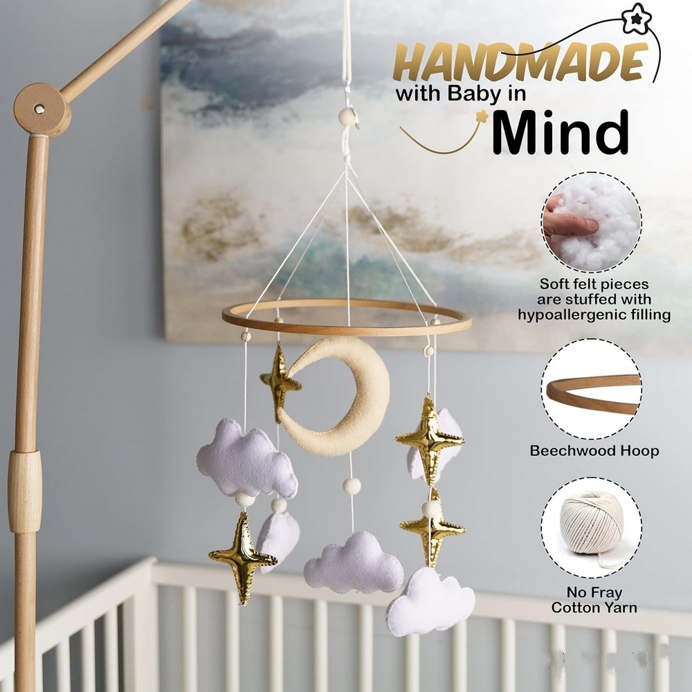 Modern boho neutral gold moon star handmade soft felt nursery baby mobile with wood hoop for bassinet crib decoration