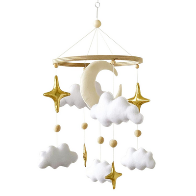 Modern boho neutral gold moon star handmade soft felt nursery baby mobile with wood hoop for bassinet crib decoration