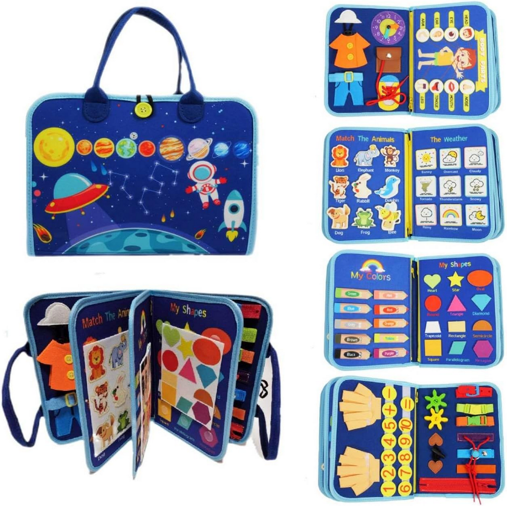 New update montessori autism soft sensory toy blue felt fabric busy activity learning board with animal alphabet for toddler