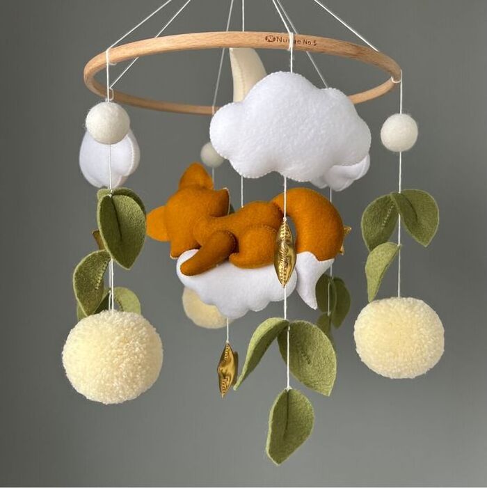 boho neutral handmade hanging cute bed plush diy felt balls little fox newborn nursery crib musical baby mobile