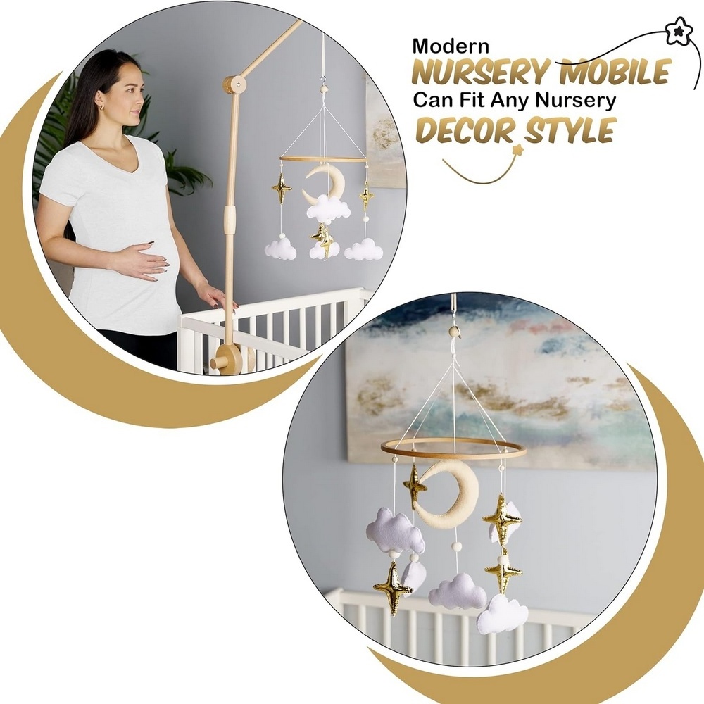 Modern boho neutral gold moon star handmade soft felt nursery baby mobile with wood hoop for bassinet crib decoration