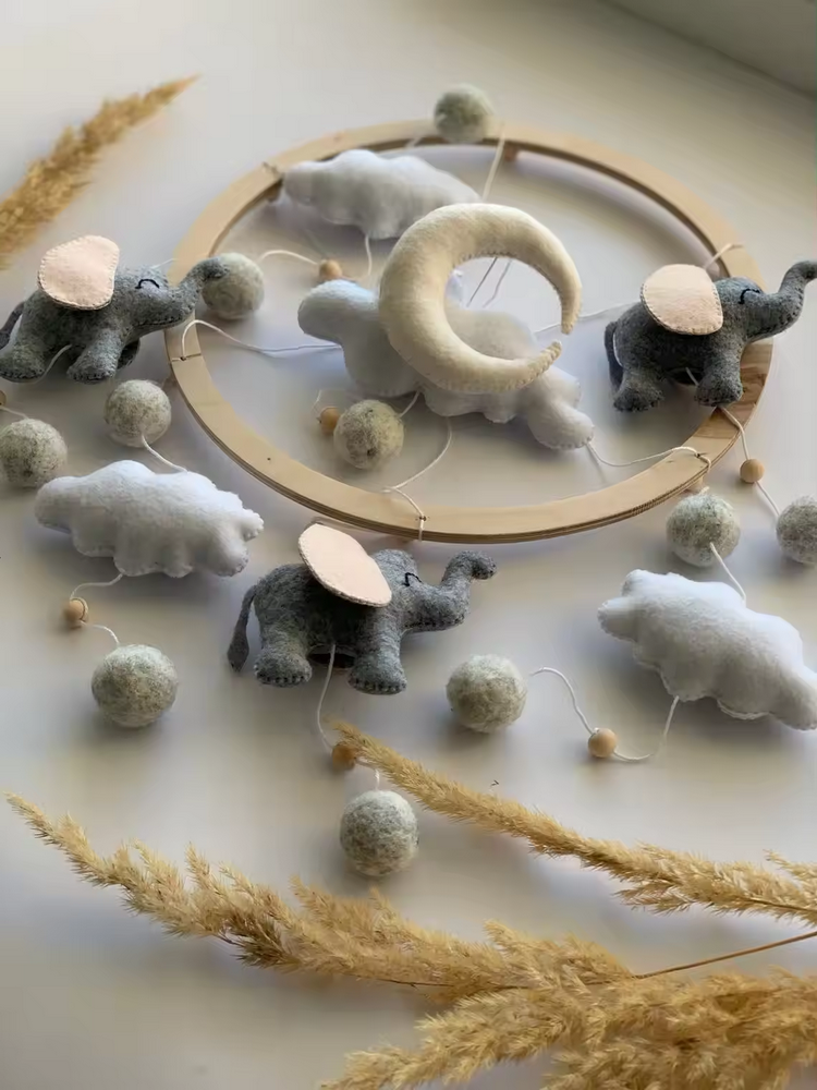 Popular design boho africa tropical jungle safari animal grey elephant white cloud hanging toy neutral baby nursery cot mobile