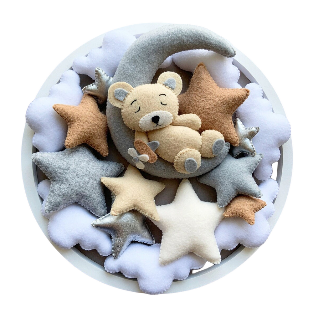 Personalized eco friendly handmade cute bear teddy cloud moon star felt baby mobile crib for nursery crib decoration