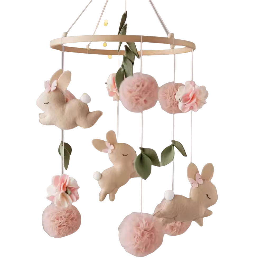 Most popular custom design handmade cloud moon star flower felt bunny rabbit baby mobile for girls nursery bed room decoration