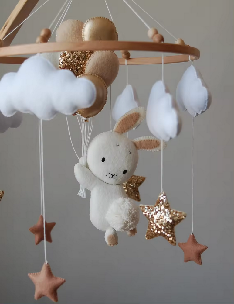 New arrival nordic babyshower baby nursery decor felt bunny rabbit balloon toddler musical hanging educational cot mobile toy