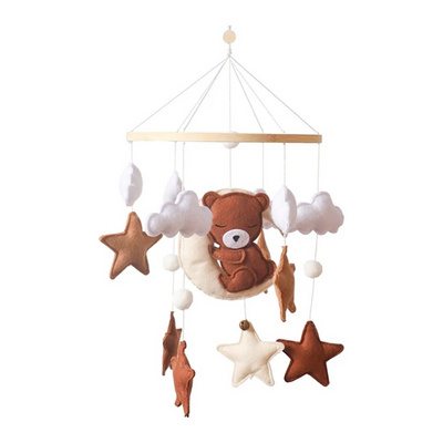 Custom neutral beige sleeping bear cloud star moon felt baby mobile with wooden hoop music box for nursery crib bed decor