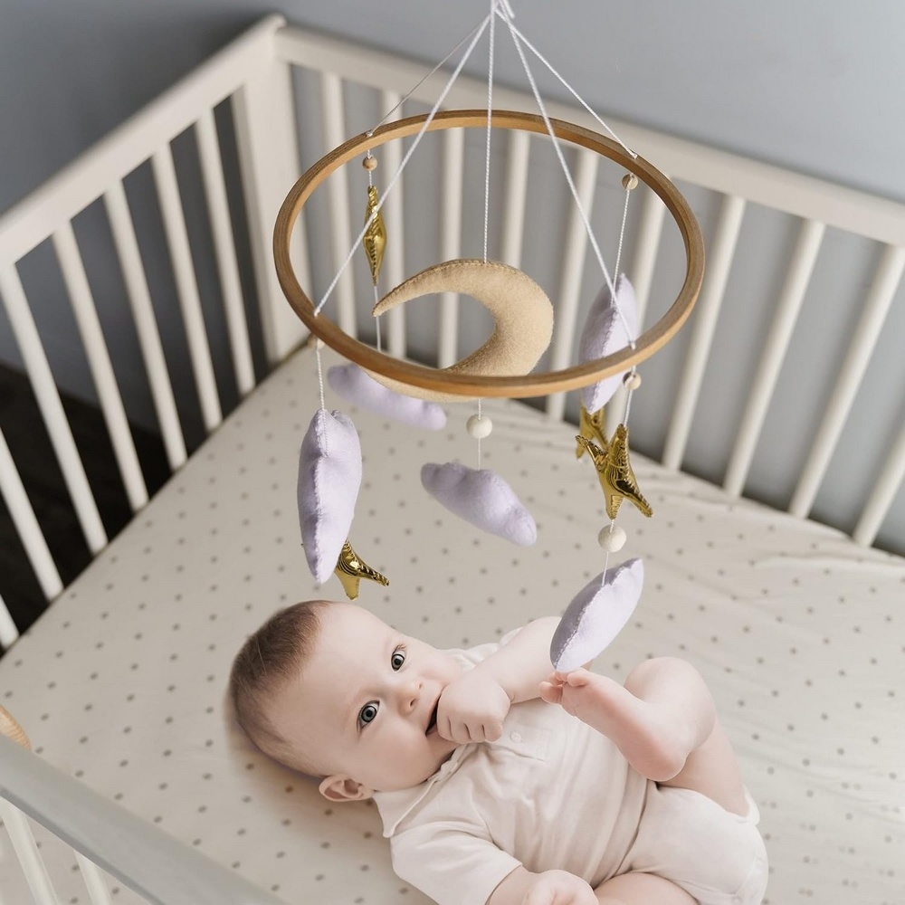 Modern boho neutral gold moon star handmade soft felt nursery baby mobile with wood hoop for bassinet crib decoration