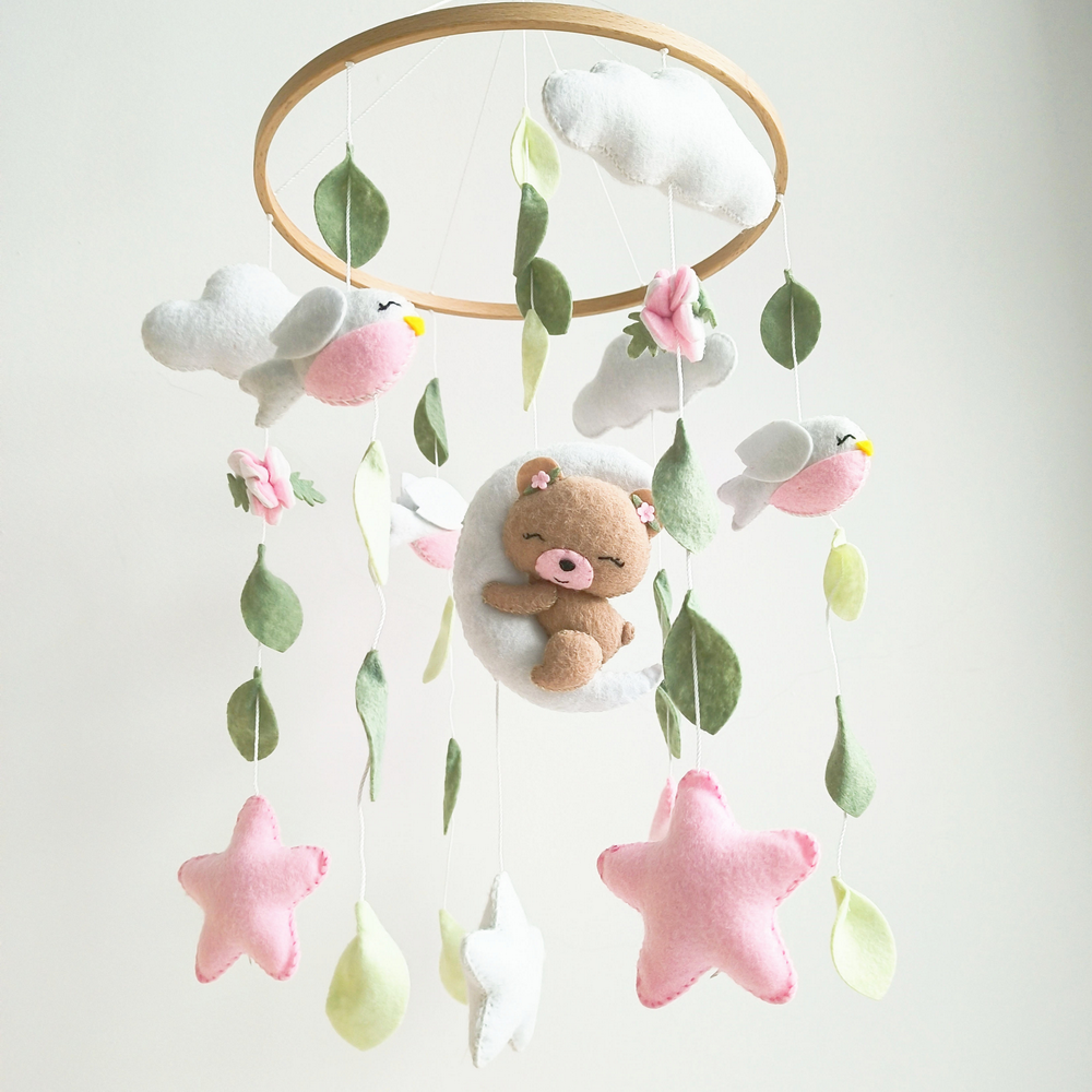 Customized stuffed cute sleepy bear bird hanging soft toy felt baby nursery wooden crib cot mobile for girls kids birthday gift