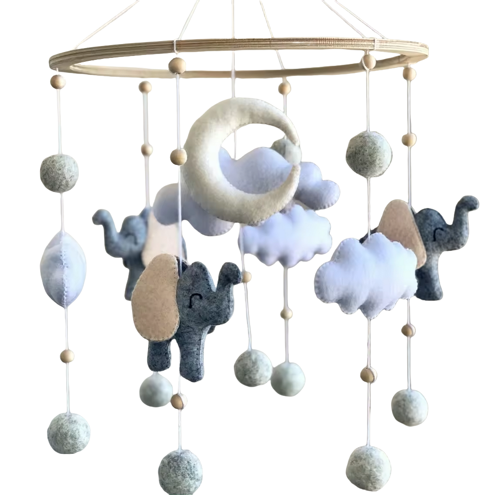 Popular design boho africa tropical jungle safari animal grey elephant white cloud hanging toy neutral baby nursery cot mobile