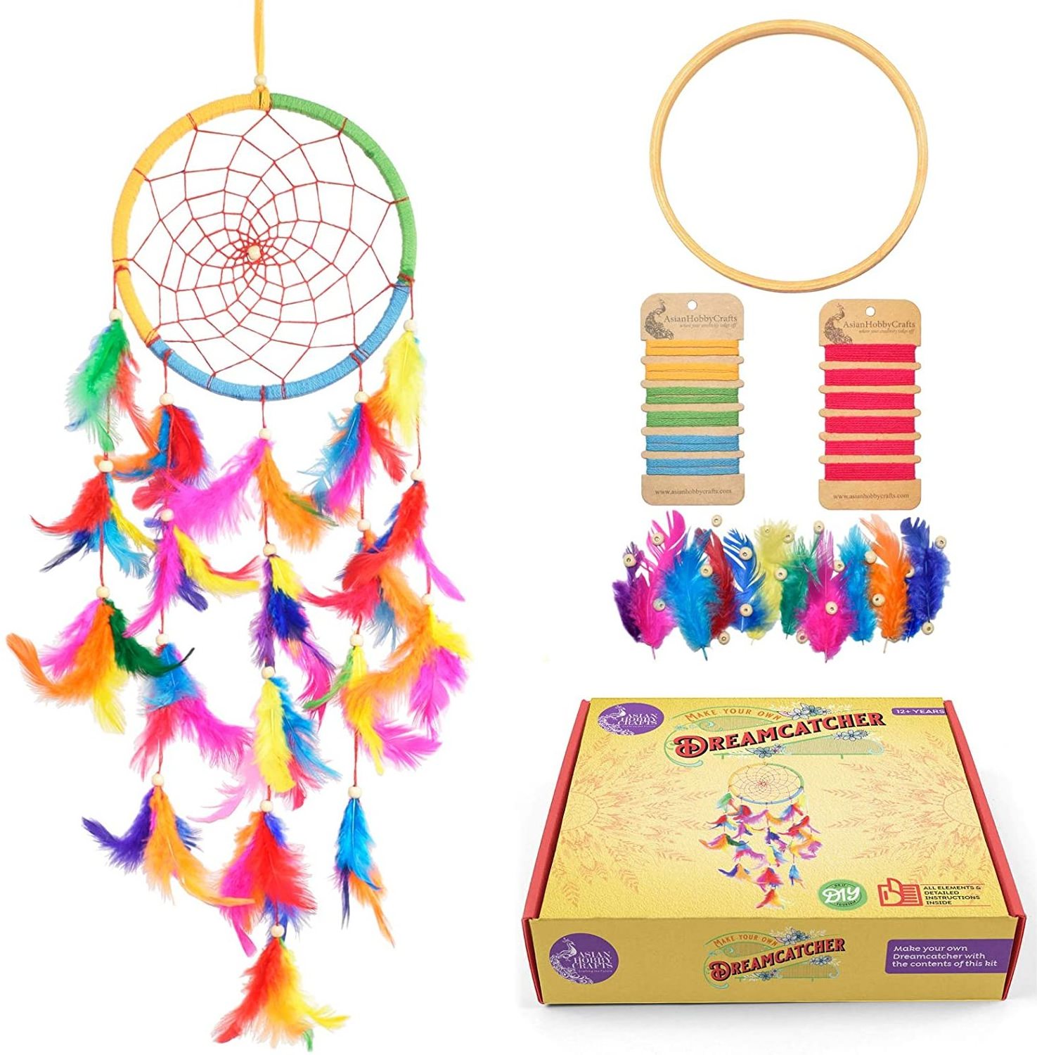 Rainbow Feather Dreamcatcher DIY Dream Catcher Making Kit with Bamboo Hoop Rings Hoops Macrame Making Girls Nursery Decor