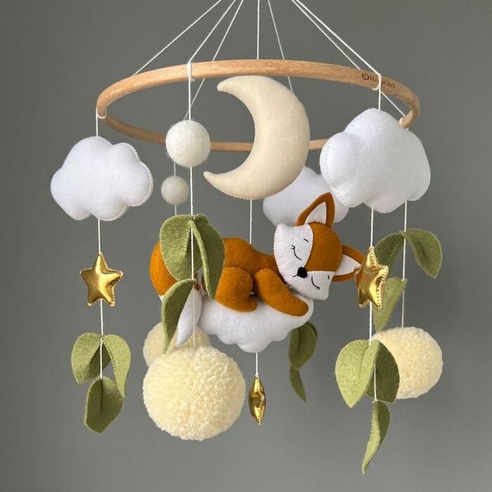 boho neutral handmade hanging cute bed plush diy felt balls little fox newborn nursery crib musical baby mobile