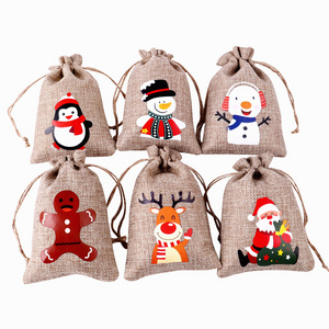 2024 custom logo 6x4" natural jute Santa snowman reindeer Christmas tree drawstring storage sack bag wholesale for food gift