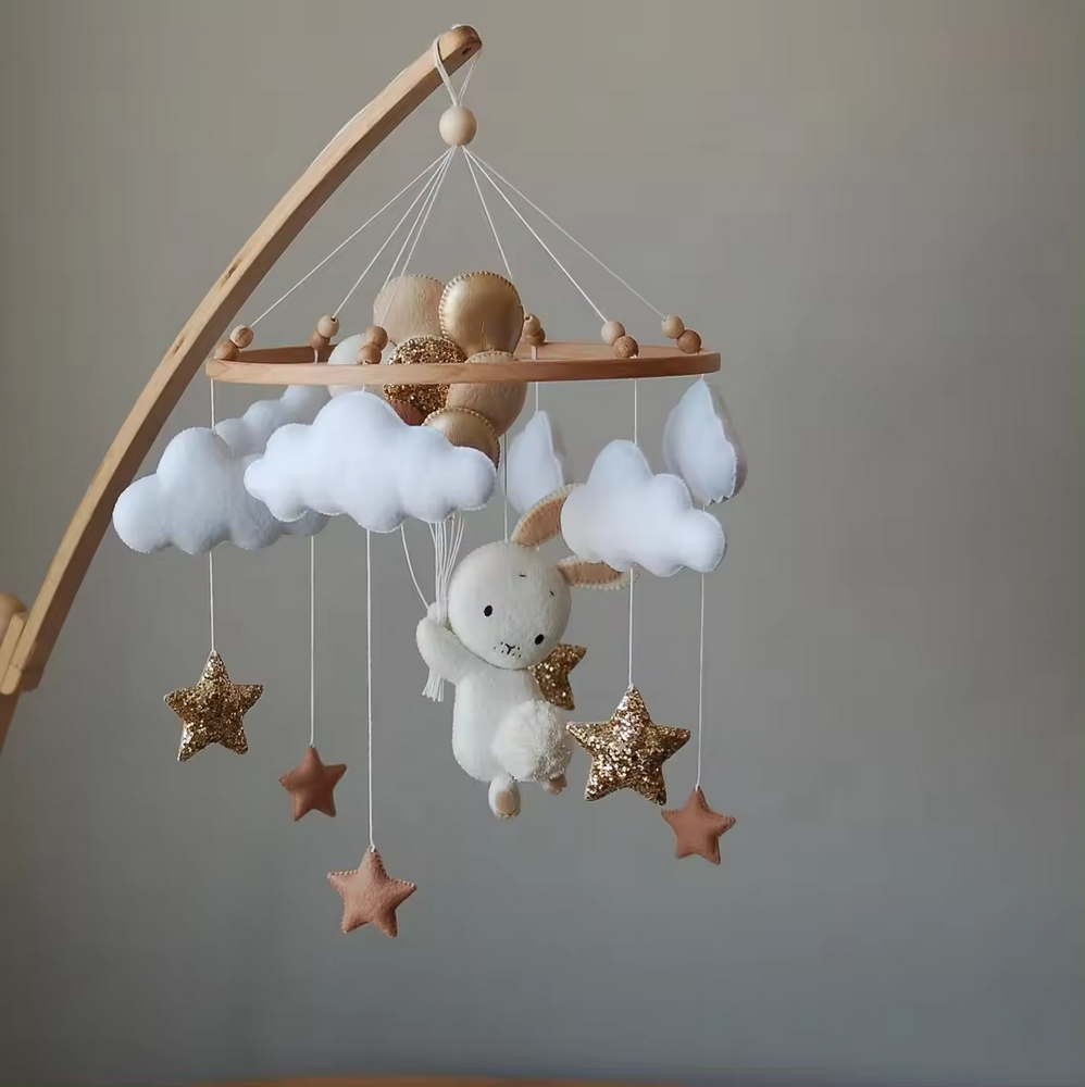 New arrival nordic babyshower baby nursery decor felt bunny rabbit balloon toddler musical hanging educational cot mobile toy