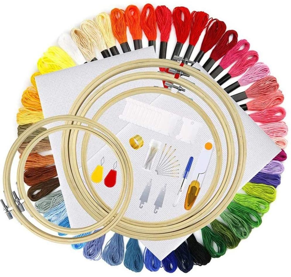 Beginners supplies rainbow embroidery floss 100 skeins string  bamboo circle dmc cross stitch hoop embroidery set kits