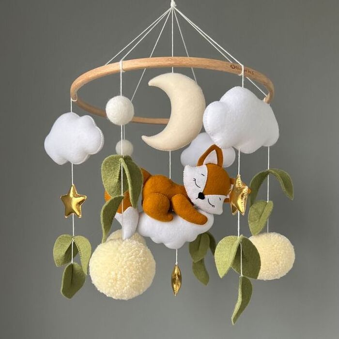 boho neutral handmade hanging cute bed plush diy felt balls little fox newborn nursery crib musical baby mobile