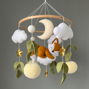 boho neutral handmade hanging cute bed plush diy felt balls little fox newborn nursery crib musical baby mobile