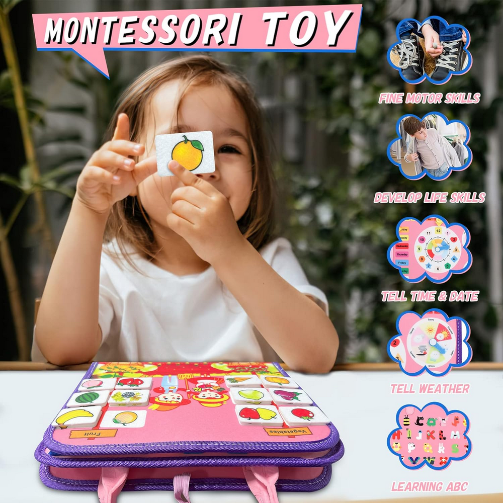 Top seller toddler montessori sensory toy felt busy activity board for boys girls learning fine motor skills on airplane car