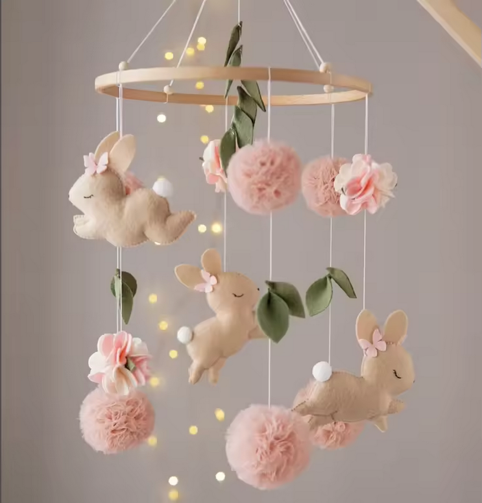 Most popular custom design handmade cloud moon star flower felt bunny rabbit baby mobile for girls nursery bed room decoration