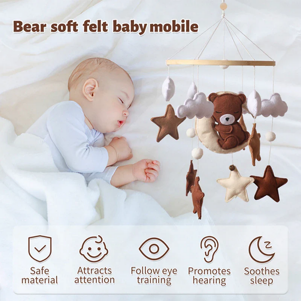 Custom neutral beige sleeping bear cloud star moon felt baby mobile with wooden hoop music box for nursery crib bed decor