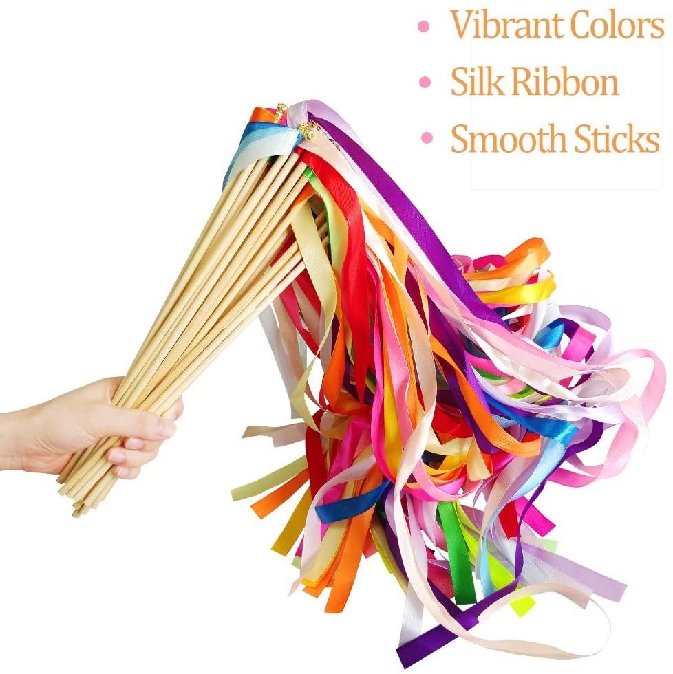 Silk waving party gym dancing wooden ribbon wands sticks streamers for wedding best whishes