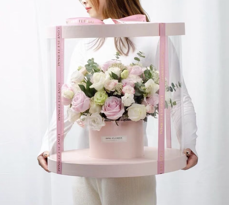 Good price valentine cylinder clear rose flower round box luxury clear gift boxes with clear pvc window transparent top lid