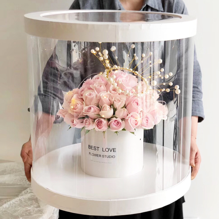 Good price valentine cylinder clear rose flower round box luxury clear gift boxes with clear pvc window transparent top lid