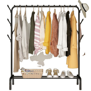 Hot Sale Simple Stainless Steel Floor Standing Coat Clothes Stand Rack Drying Rack with Lower Shoe Storage  Shelf