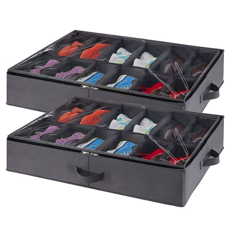 12 Pairs Underbed Shoe Container Shoes Box Bins Foldable Fabric shoe storage organizer