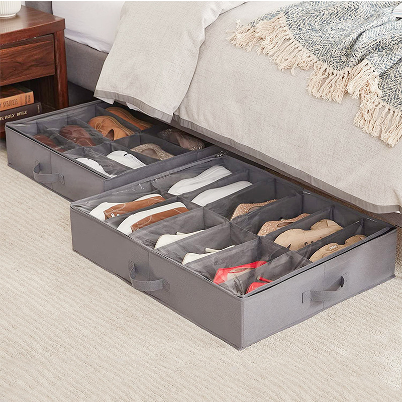 Newest 12 Grids Shoes Box Drawer Foldable Under Bed Shoe Storage Organizer with Clear Cover