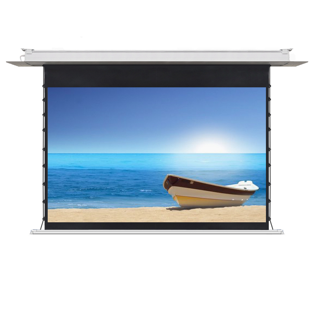 120inch 16:9  Aluminum case In-ceiling electric screen recessed pvc 4K long rejecting light screen with AI and speaker