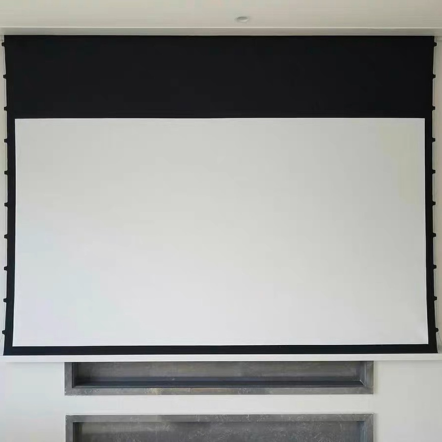 120inch 16:9  Aluminum case In-ceiling electric screen recessed pvc 4K long rejecting light screen with AI and speaker