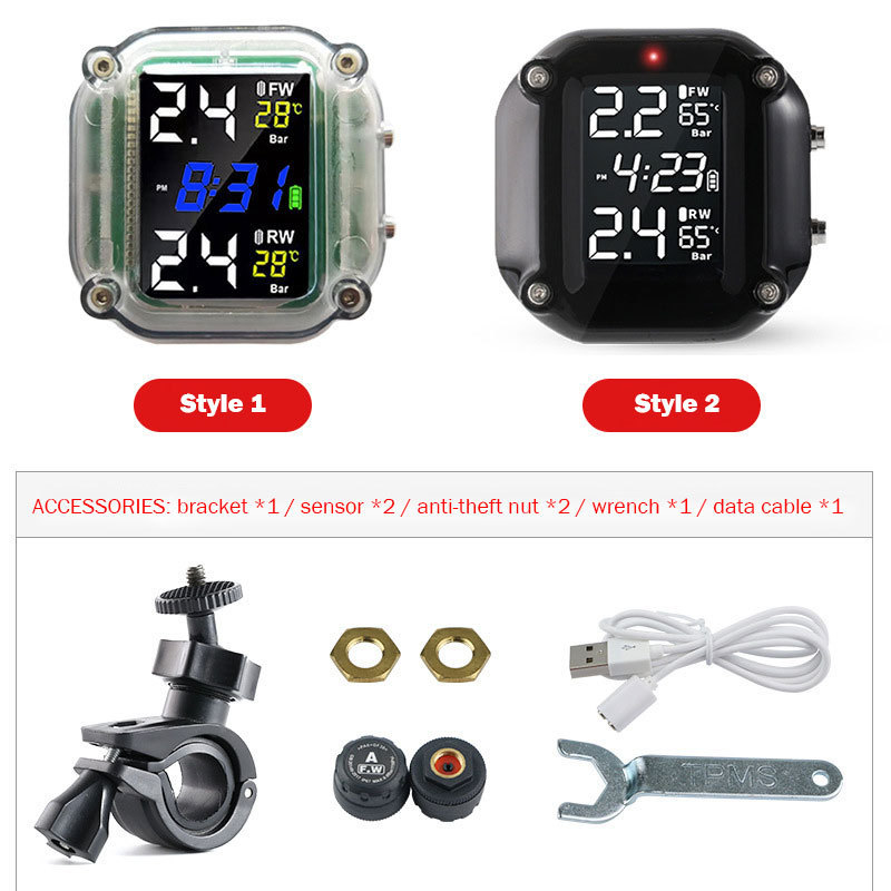 Solar motorcycle tire pressure monitoring wireless external tire pressure sensor motorcycle air pressure detector monitor