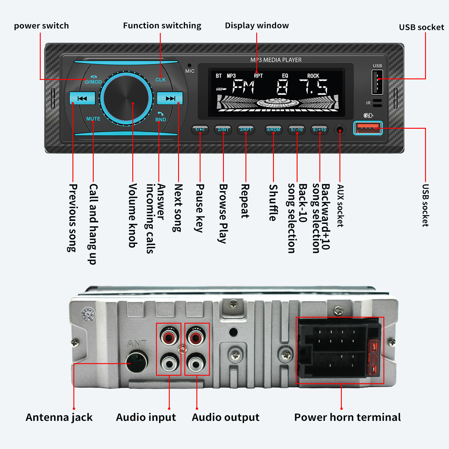 Car mp3 player with USB charger BT 1Din FM Radio Car Stereo AUX/USB Playback & Charging with LCD Screen