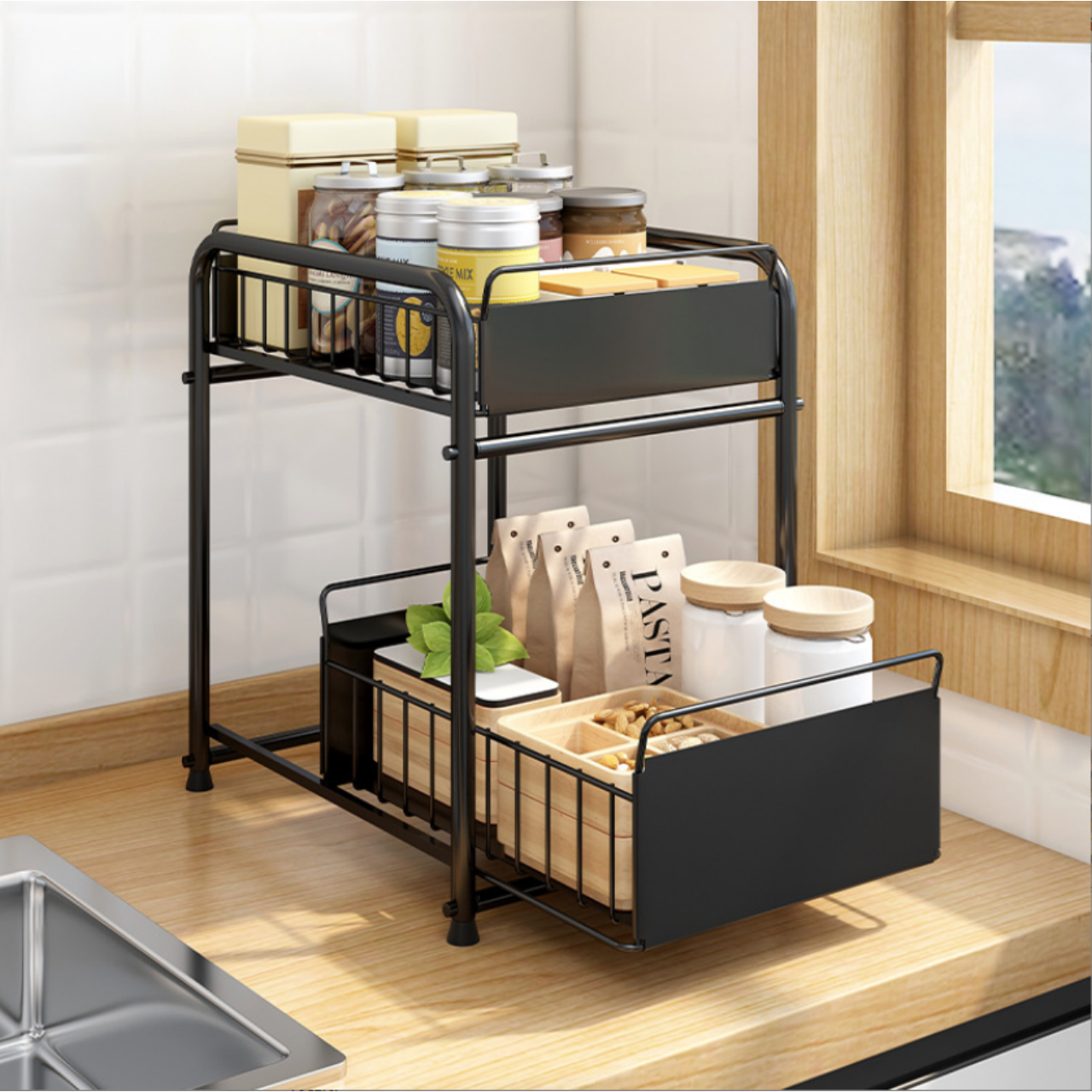 Under Sink Organizer Bathroom Sink 2 Tier Bath Collection Baskets Under Sink Shelf Kitchen multi-functional iron drainage single