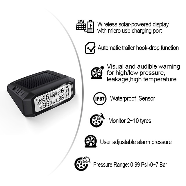 TPMS wireless solar-powered display 4 external sensors auto security alarm systems tyre