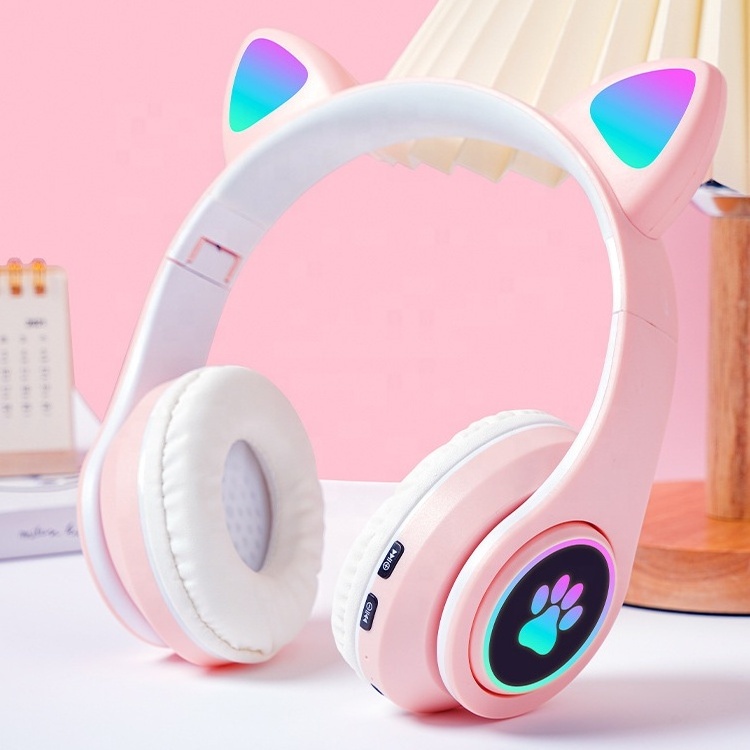 2024 Flash Light Cute Cat Ears Wireless Headphone Earphones MKC with Mic Can Control LED Kid Girl Stereo Music Helmet Earphones