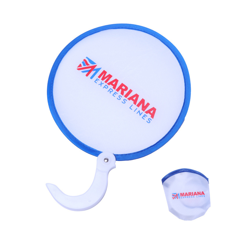 Custom round Nylon Folding Hand Fan Durable and Inflatable with Pouch and Logo Printing Made from Durable Polyester