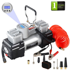 12V Tire Inflator - Heavy Duty Double Cylinders Direct Drive Metal Pump 150PSI, Air Compressor with Battery Clamp and 5M Extens