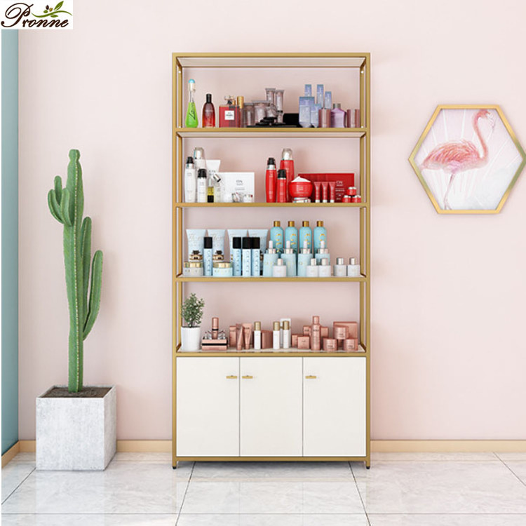 beauty salon floor standing customized makeup wood pink&gold cosmetic display cabinet showcase