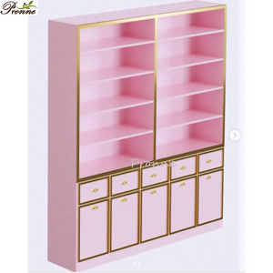 beauty salon floor standing customized makeup wood pink&gold cosmetic display cabinet showcase