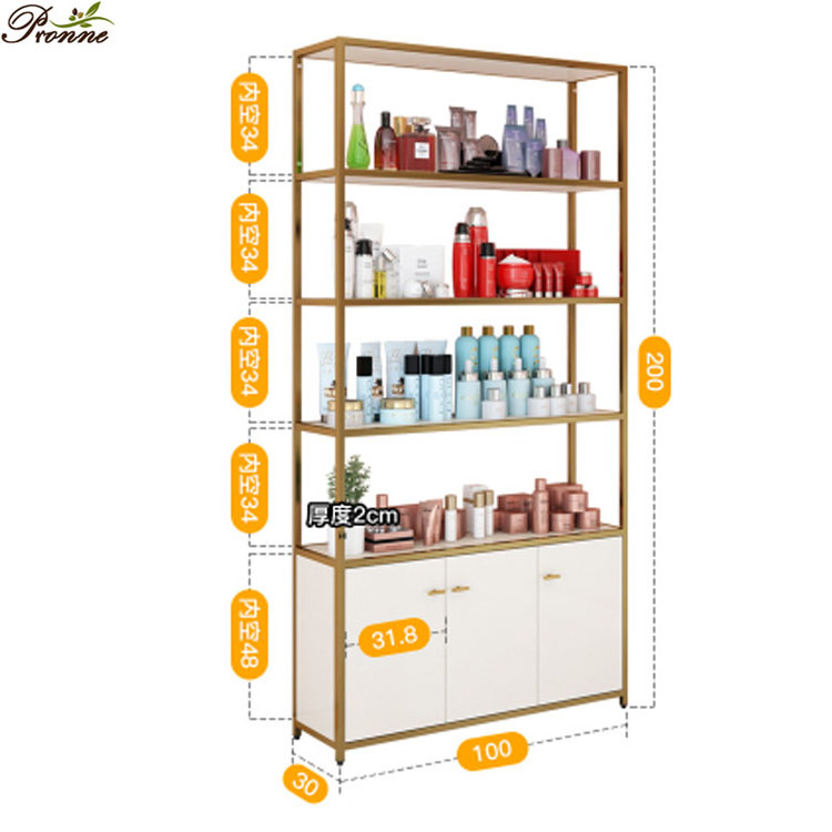 beauty salon floor standing customized makeup wood pink&gold cosmetic display cabinet showcase