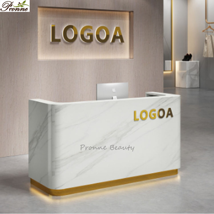 luxury hair salon barber shop spa salon white marble color rcircular reception desk with logo