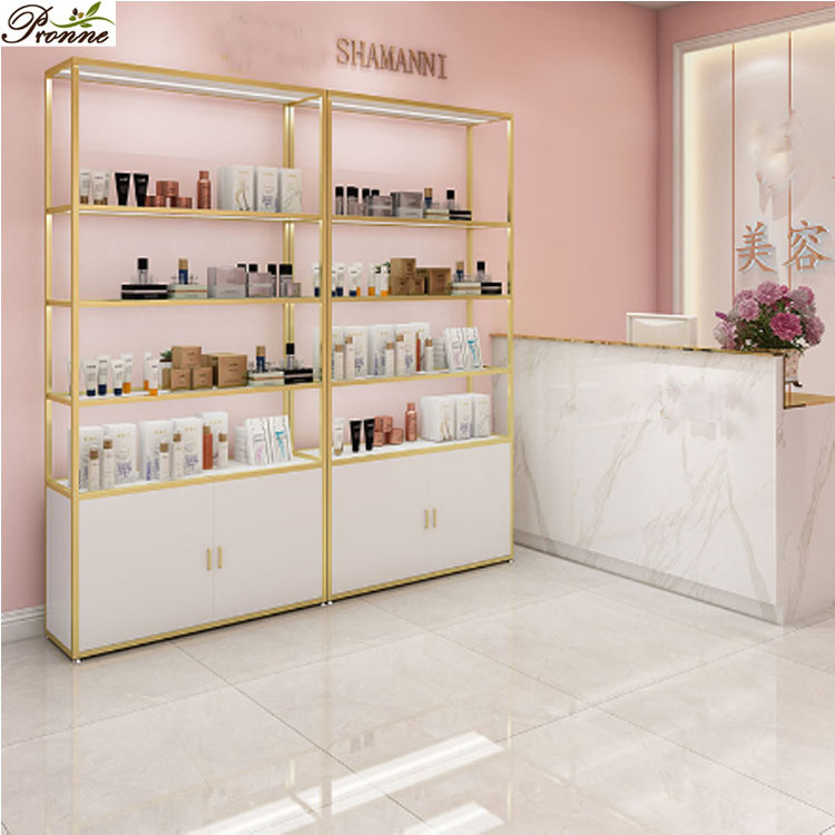 beauty salon floor standing customized makeup wood pink&gold cosmetic display cabinet showcase