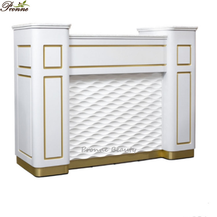 modern luxury hair spa salon white&gold artificial stone reception desk with led light